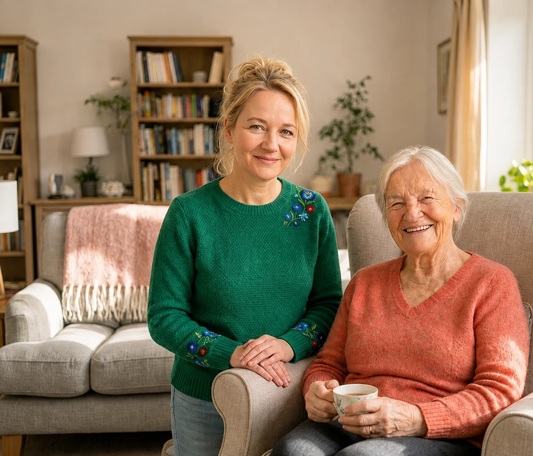Betreuungskraft und Seniorin zu Hause im Wohnzimmer