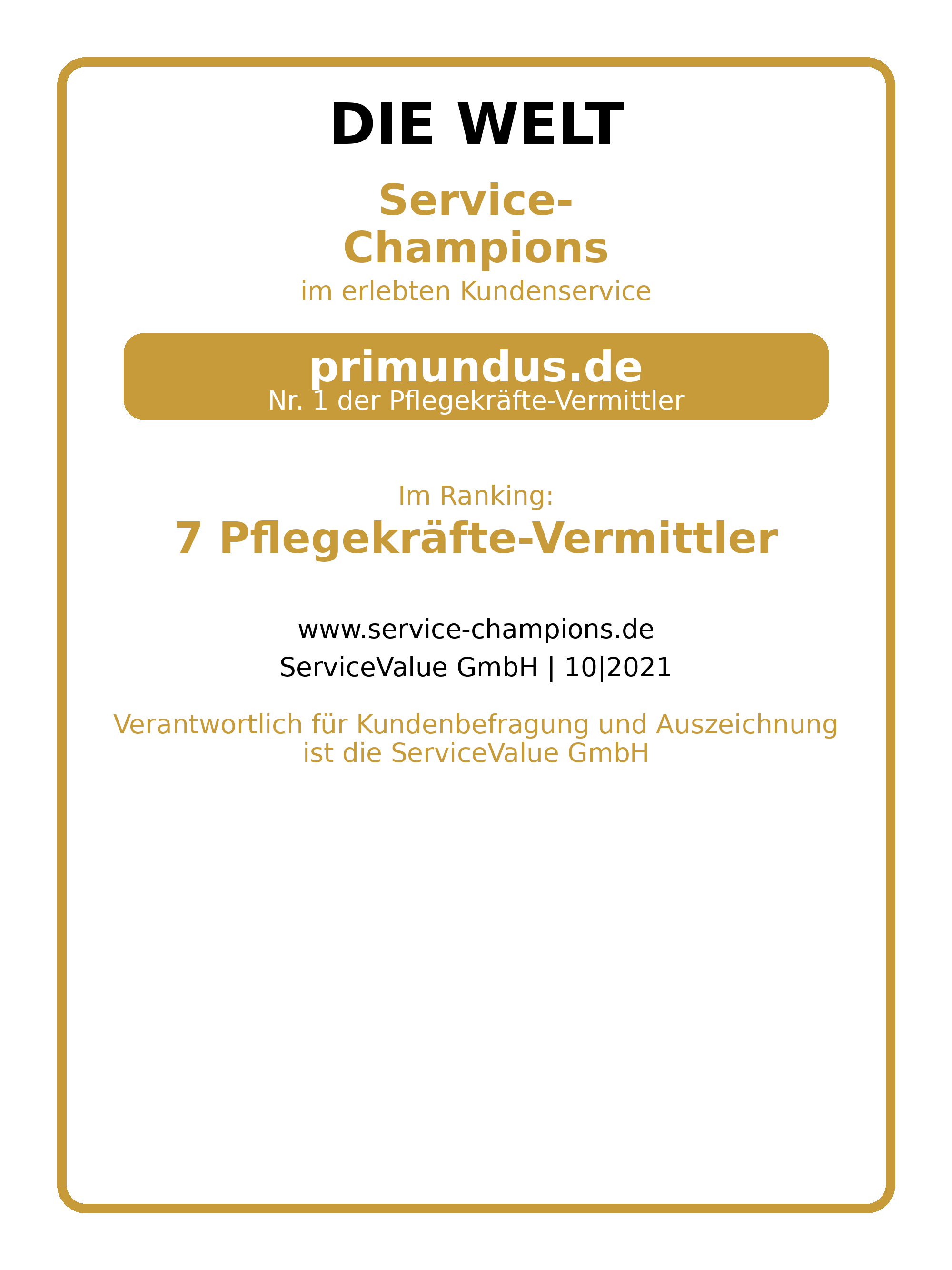 Siegel DIE WELT Service-Champions: primundus.de Nr. 1 der Pflegekräfte-Vermittler
